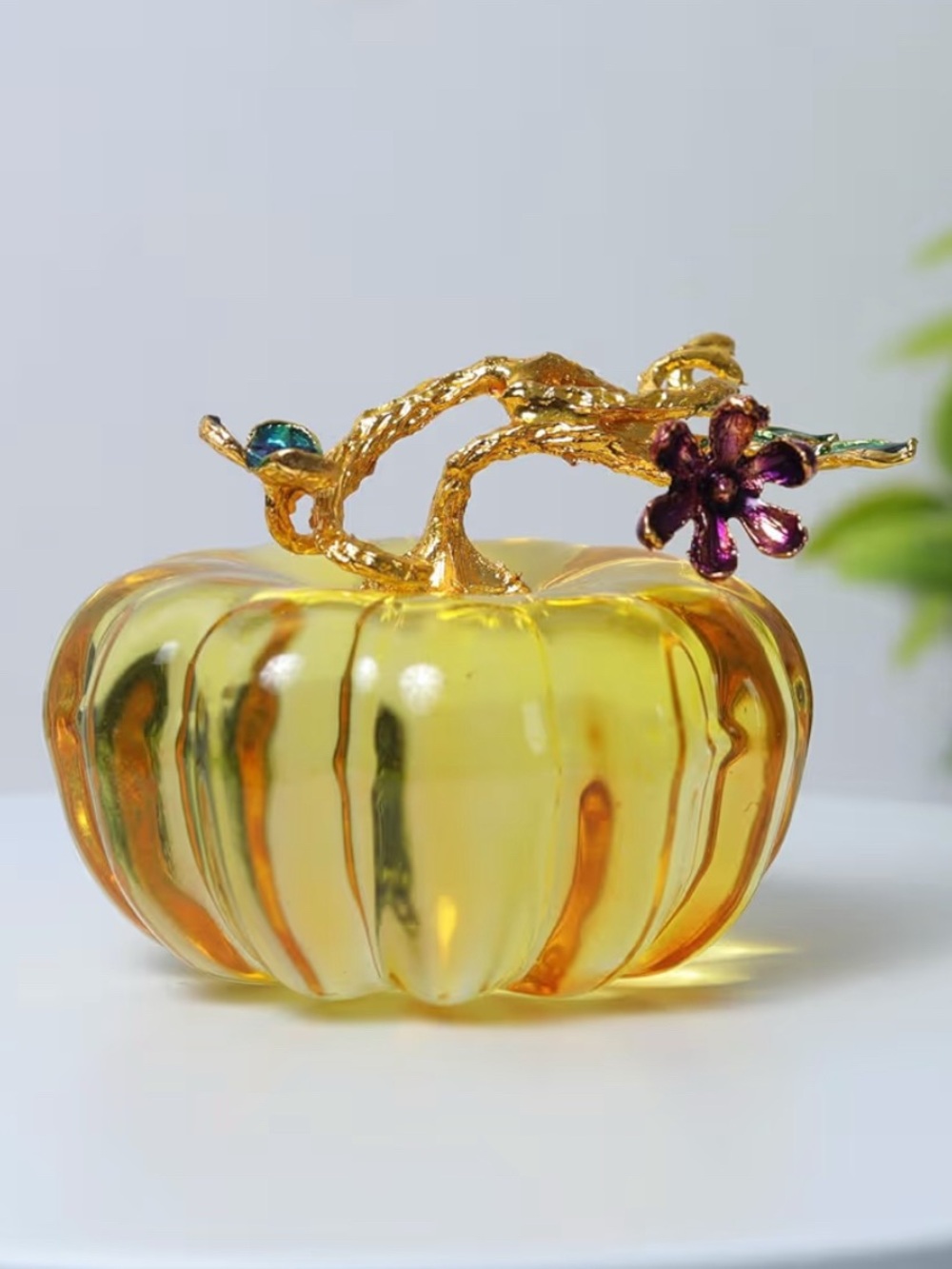 Decorative Yellow Glass Pumpkin Pair with Gold Stem Accents - Picture 3 of 4